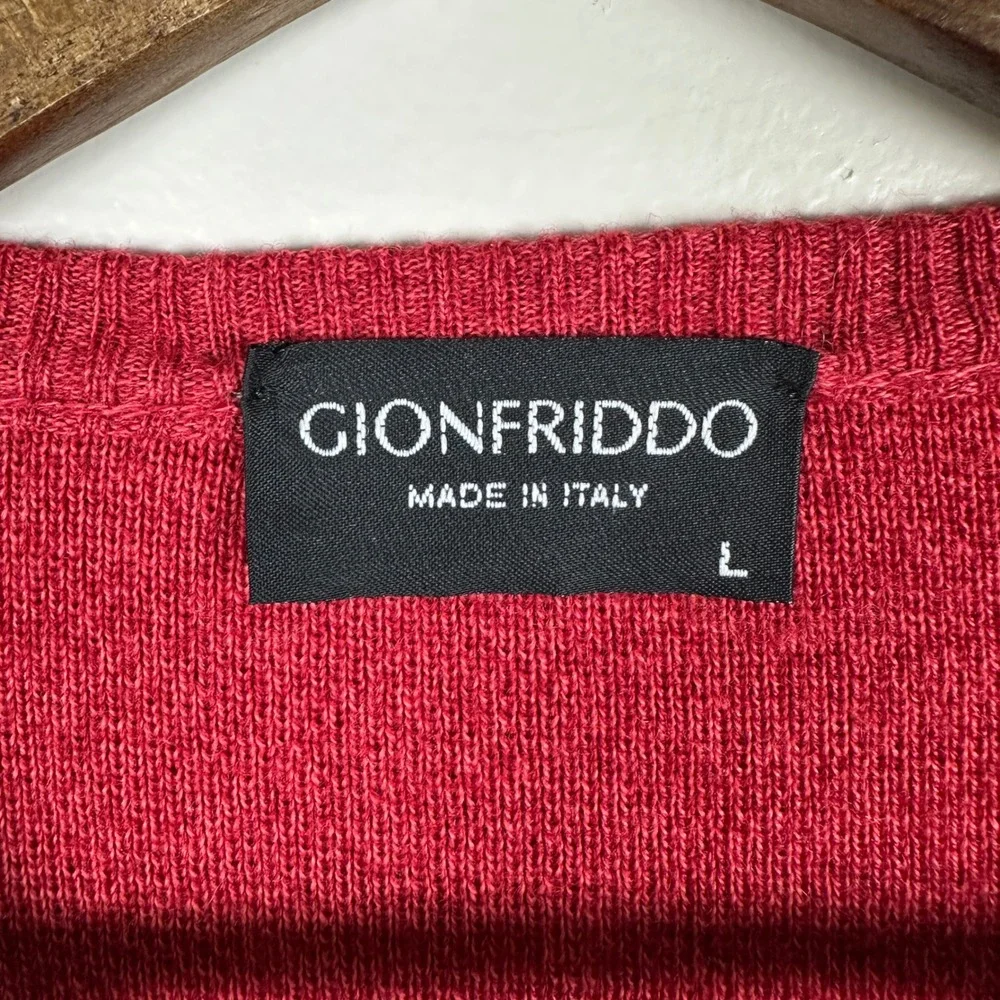 Gionfriddo Men's L V-Neck Sweater Red Pink Geometric Merino Wool Made in Italy